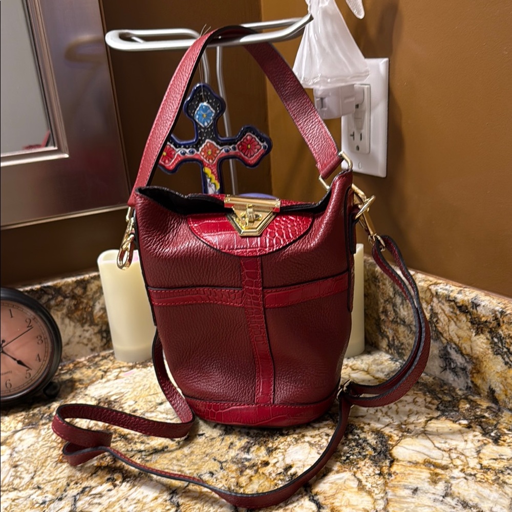 Red Leather Shoulder Bag with Gold Hardware